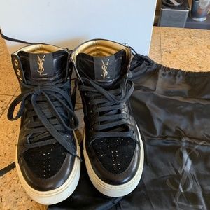 Yves Saint Laurent YSL Malibu High Top Sneakers 37.5 Black Leather Suede Gold